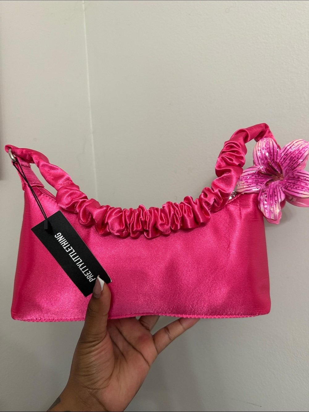PrettyLittleThing Hot Pink Satin Ruched Handle Shoulder Bag with Flower Charm
